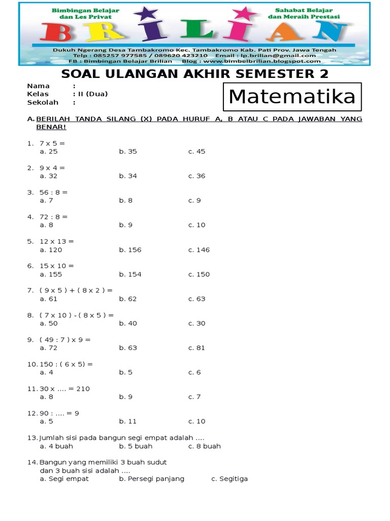 5 Soal Ulangan Kelas 2 Semester 2 yang Wajib Tahu dan Jawabannya