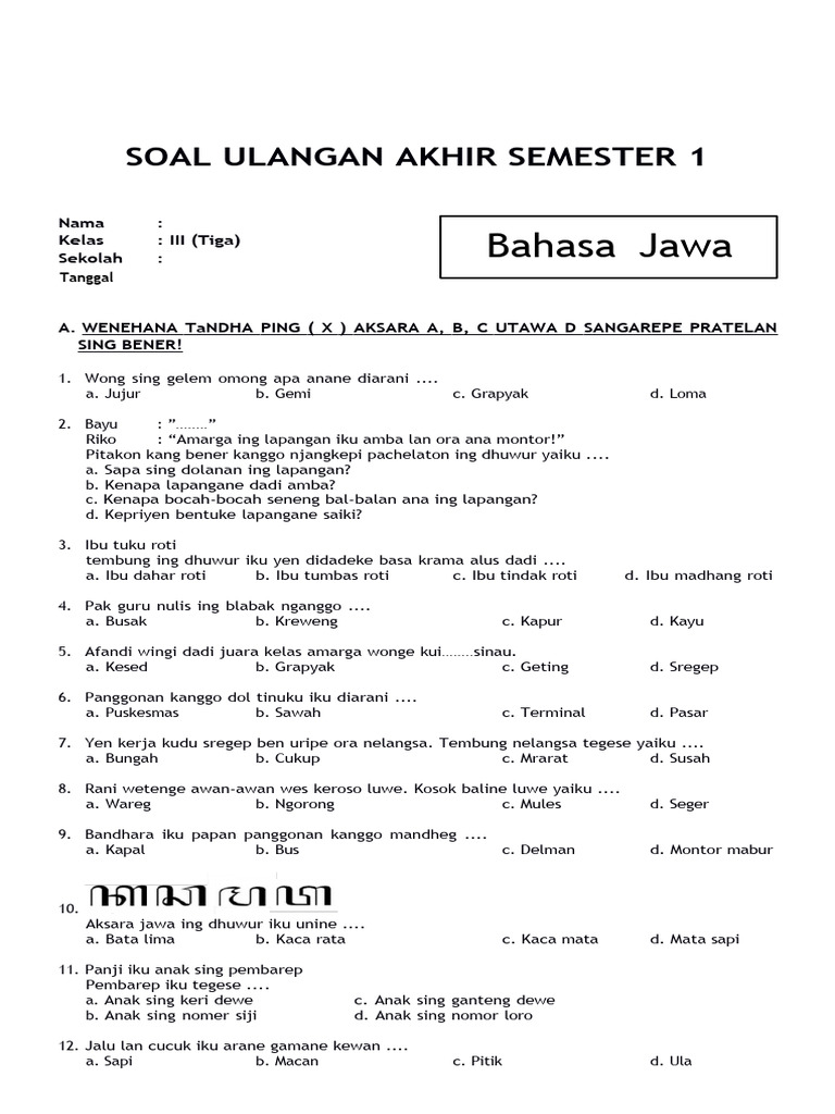 download soal bahasa jawa kelas 3 semester 2 download soal bahasa jawa kelas 3 semester 2