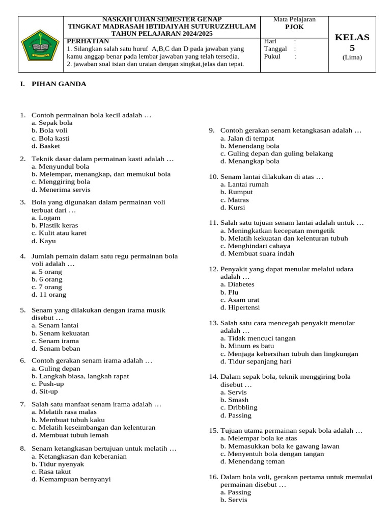 soal ujian pjok kelas 5 semester 2