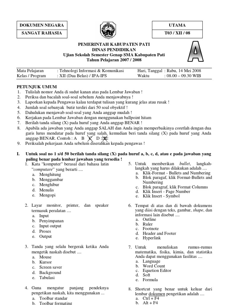 soal ujian semester 2 kelas 7 pjok